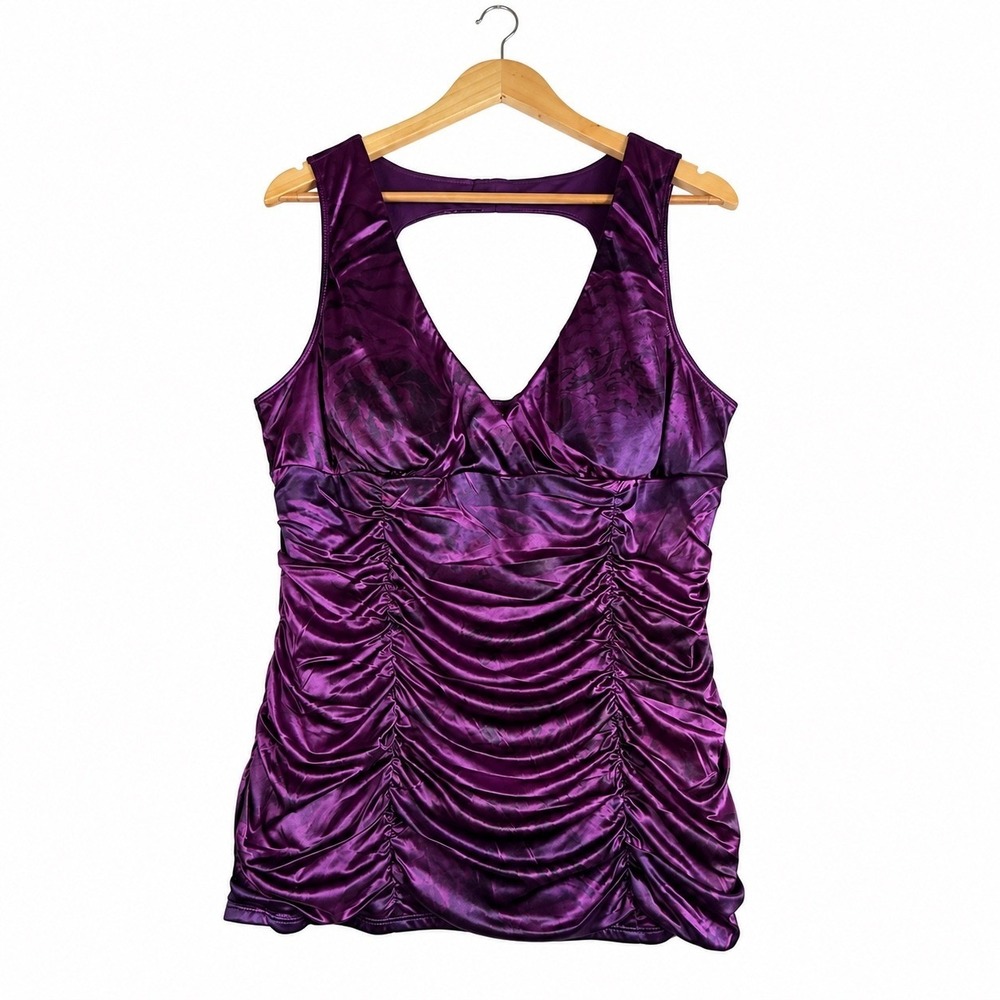 Studio Y Tank Top Women 2XL Purple Excellent Ruched Satin V-Neck Cutout Floral